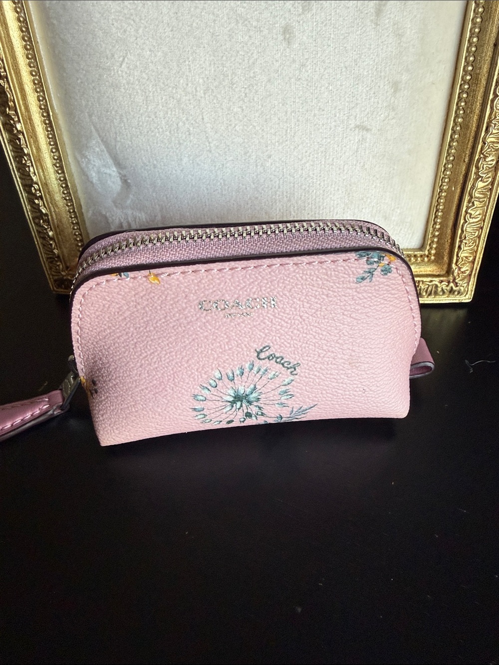 Coach Pink Leather Floral Mini Make Up Bag Pouch Coin Purse